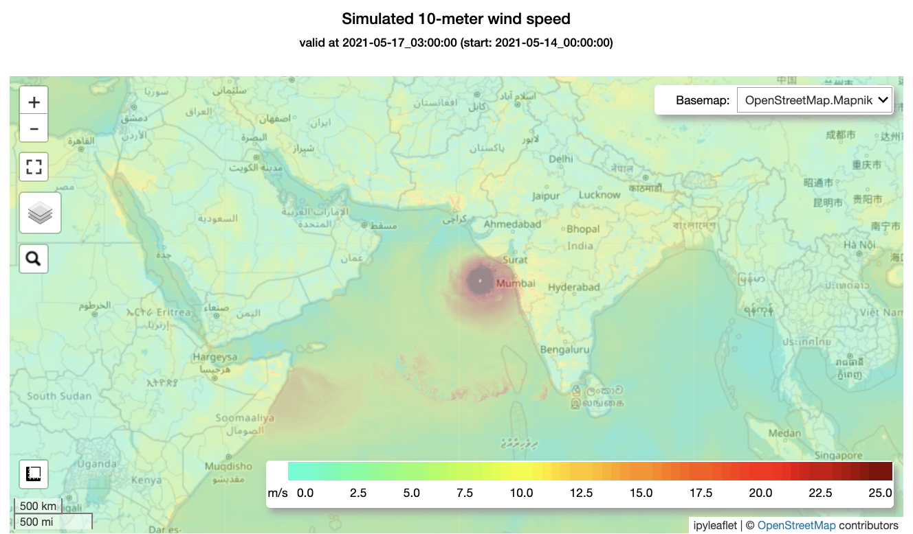 Fig.4 Predicted 10-m wind speed at 2021-05-17 03:00 (UTC) by CPAS (initial condition: 2021-05-14 00:00 (UTC)) in Indian Ocean)