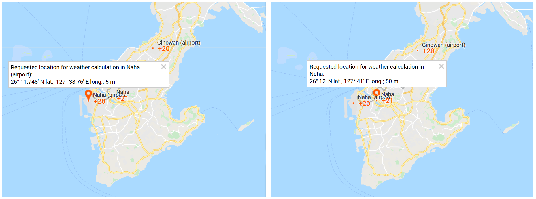 Locations of two weather stations around Naha