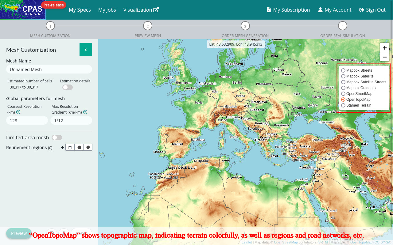 Screenshot of selecting basmap of opentopomap