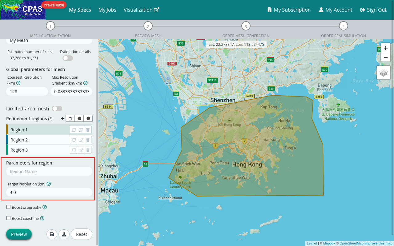 Screenshot 1 of setting parameters for region