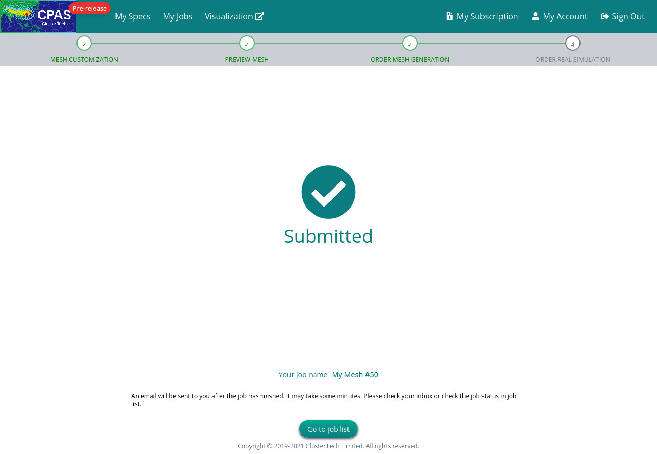 Screenshot of mesh generation job submitted
