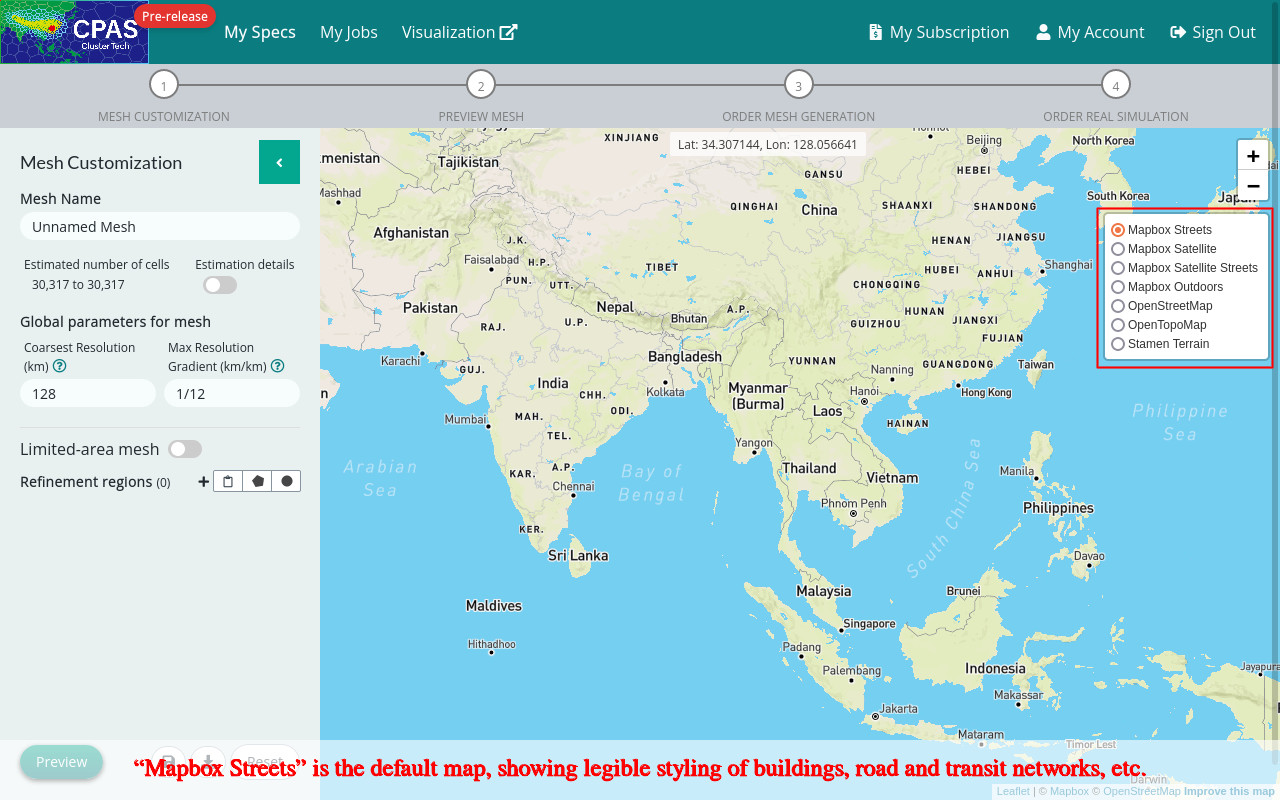 Screenshot of selecting basemap of mapbox streets