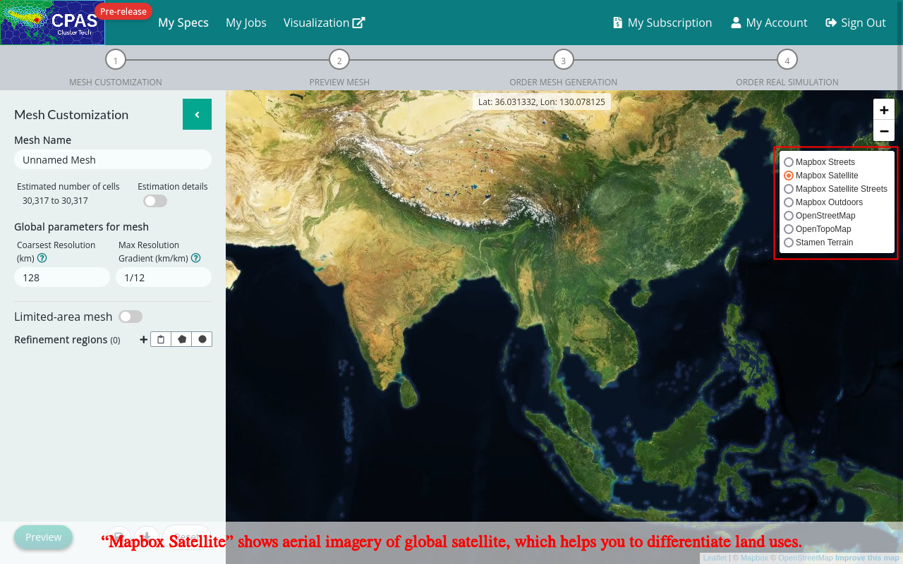 Screenshot of selecting basmap of mapbox satellite