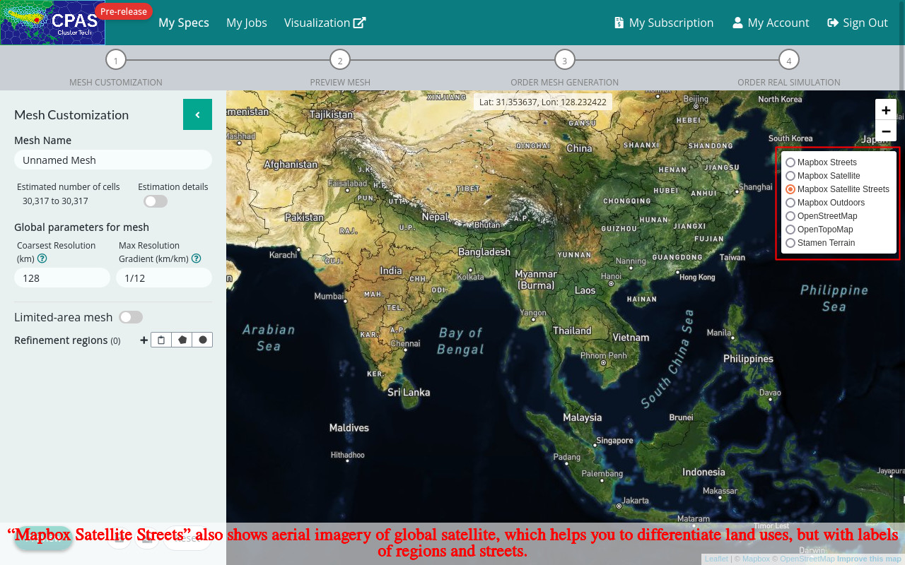 Screenshot of selecting basmap of mapbox satellite streets