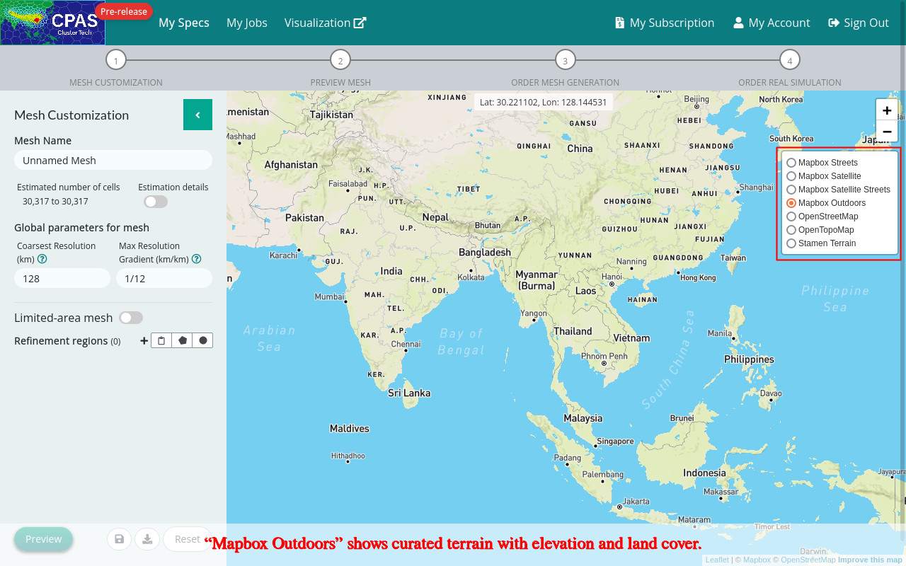 Screenshot of selecting basmap of mapbox outdoors