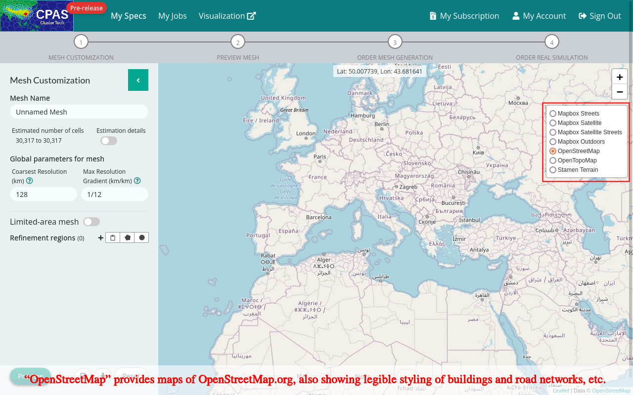 Screenshot of selecting basmap of openstreetmap