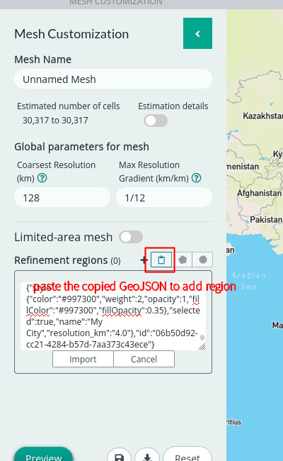 Screenshot of pasting region geojson to add region