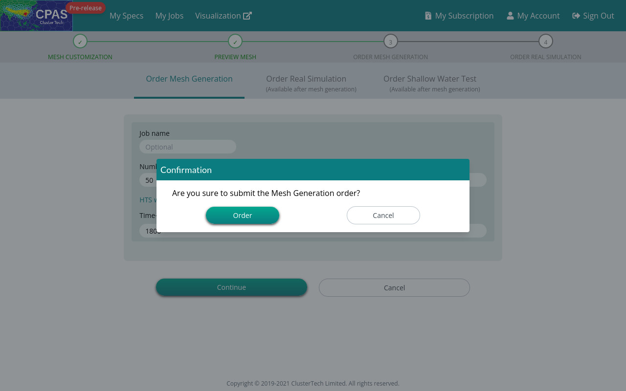 Screenshot of order mesh generation to confirm