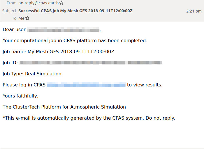 Screenshot of email notification of a successful real simulation job