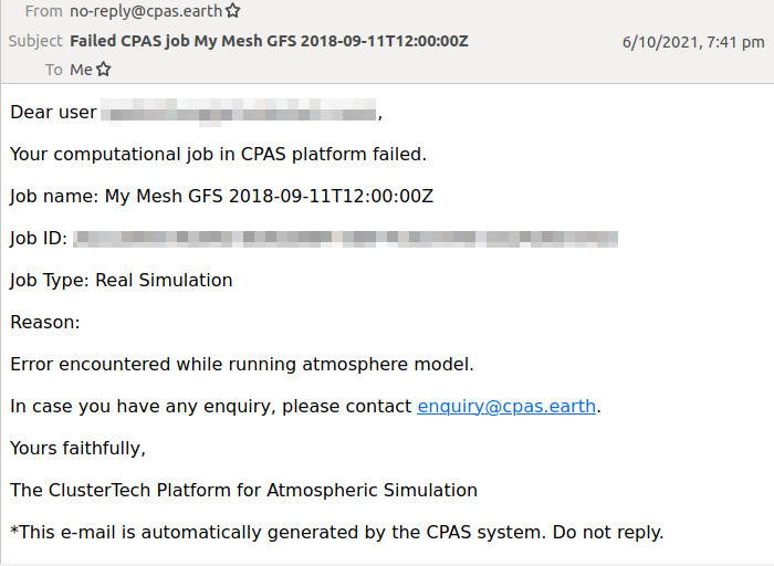 Screenshot of email notification of a failed real simulation job