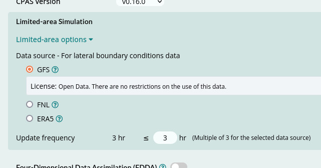 Screenshot of limited area simulation options